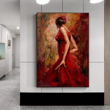 

Modern Abstract Portrait Posters and Prints Wall Art Canvas Painting Dancing Girl in Red Dress Decorative Pictures for Room Wall