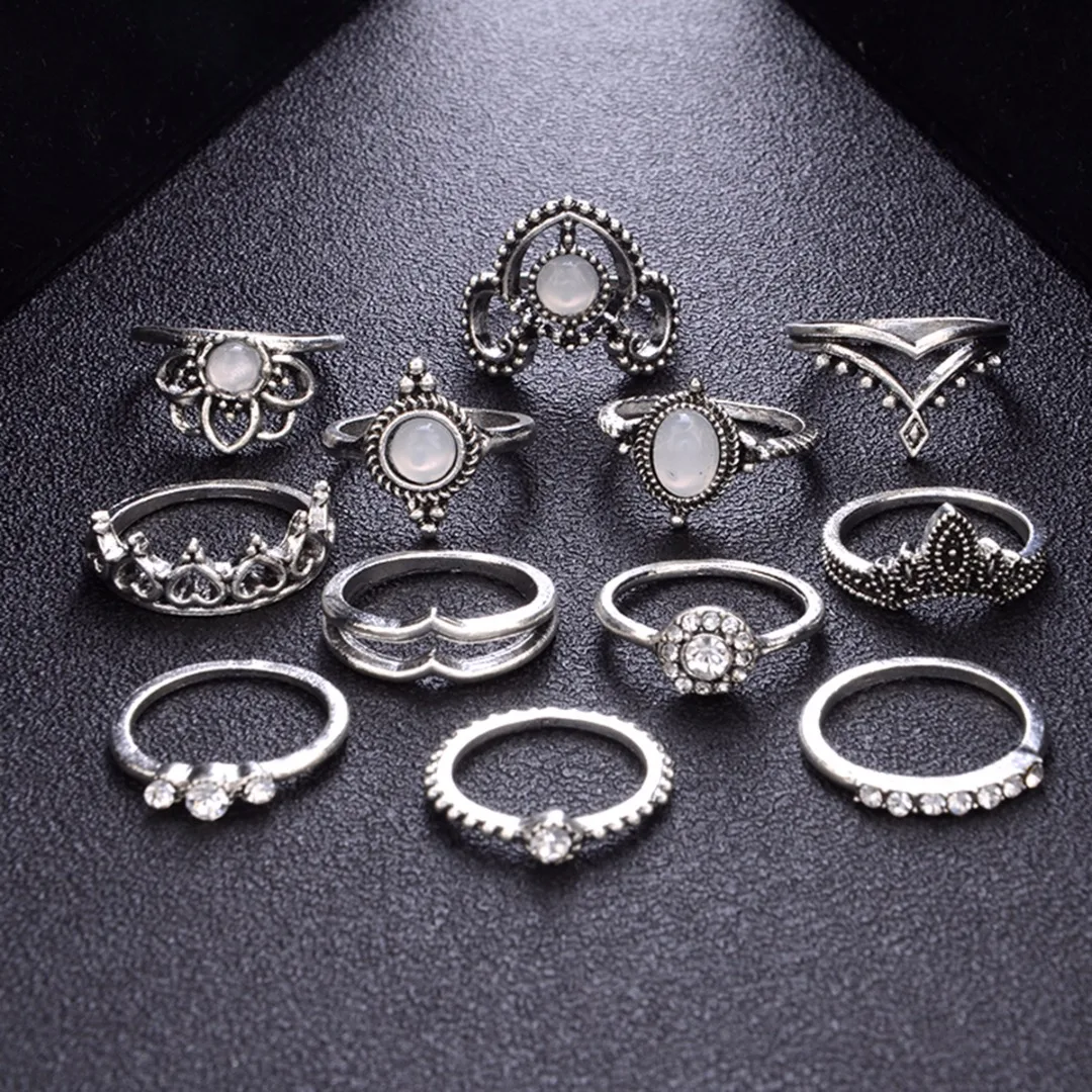 12pcs/set Vintage Crystal Opal Knuckle Ring Shellhard Crown Stone Midi Ring Sets  Punk Anillos Mujer Fashion Statement Jewellery