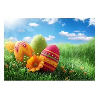 

5X7ft Customize Vinyl Photography Backdrop Grass Eggs Sunnny Sky Newborn Easter Wood Computer Print Background for Photo Studio