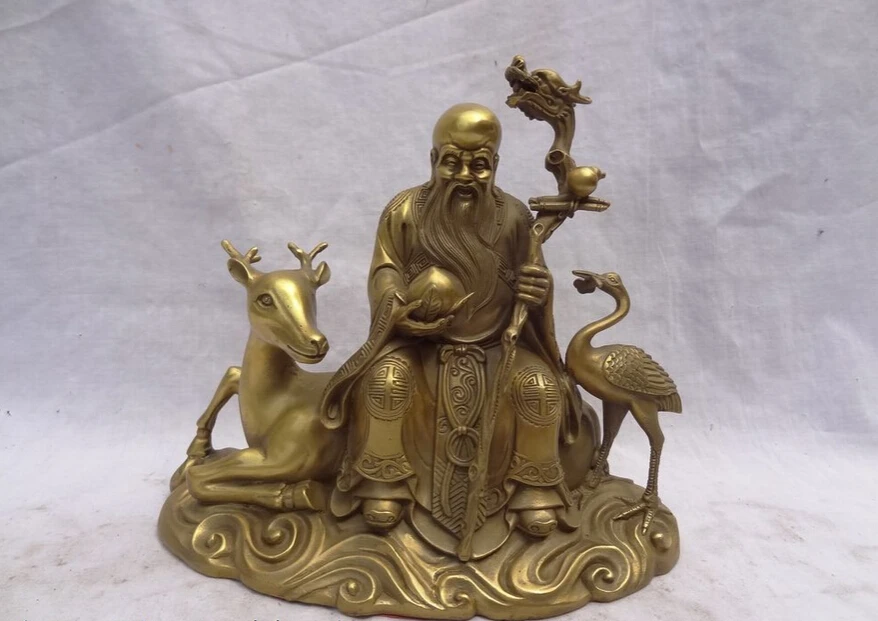 

USPS to USA S1206 9" Chinese Pure Brass Shou Star Peach Longevity Of God Ride Deer Crane Statue B0401