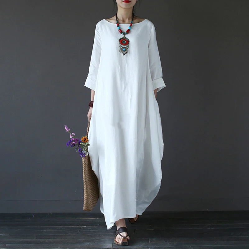 Natural Dress Cotton Dress Boho Dress Plus Size Clothing Women Linen Dress White Dress Cotton Midi Dress