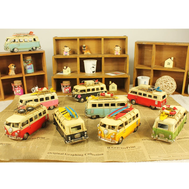  mini car model toys Retro classic car camping bus iron ornaments home coffee shop wedding decoratio