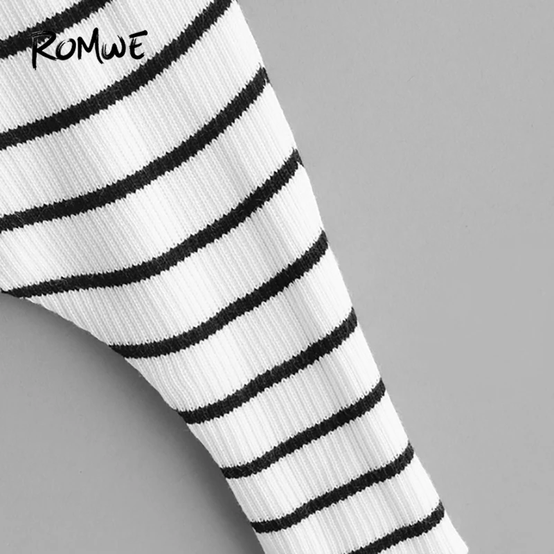 ROMWE Black And White Striped Round Neck Sweater Women Casual Autumn Long Sleeve Jumper Clothes Ladies Spring Pullovers Sweater