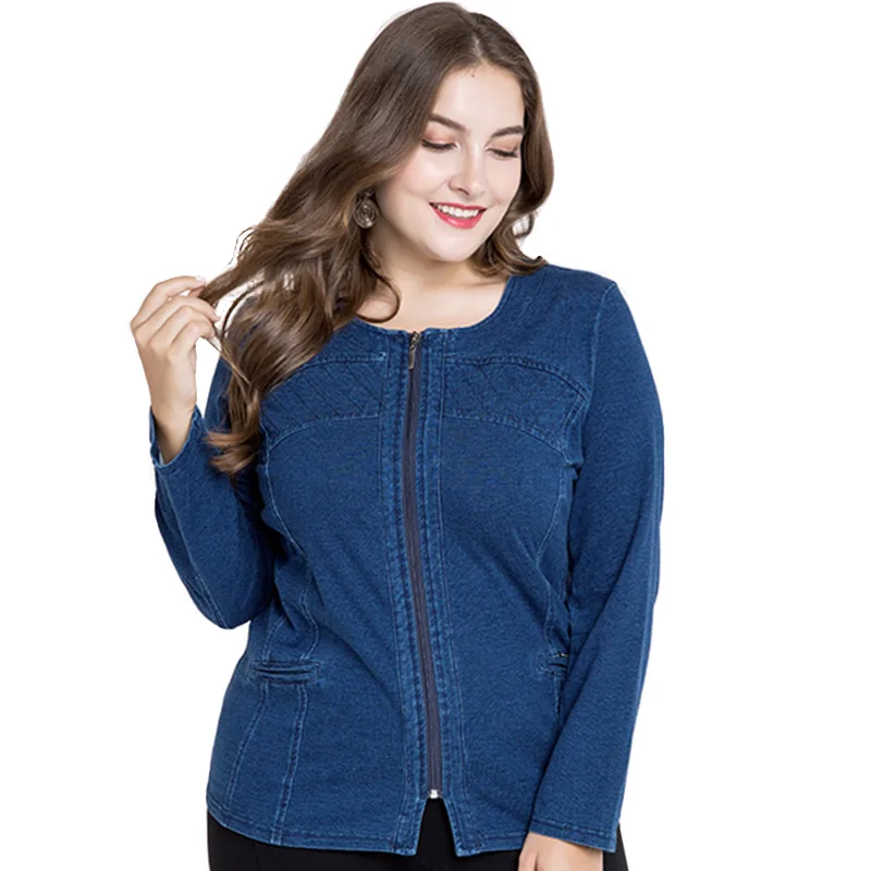 Miaoke 2018 plus size denim jacket women clothes Fashion Long sleeves round neck zipper short jacket Large size 4xl 5xl 6xl