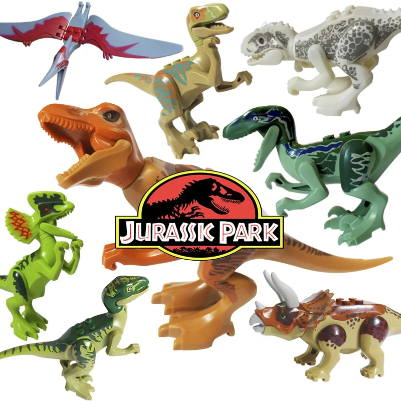 

Sale 8pcs/Set Dinosaurs park Pterosauria Triceratops Indomirus T-Rex World Jurassic Figures legoing Bricks Toy Building Blocks
