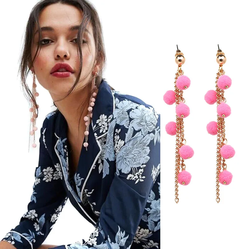

JUJIA 3 colors pom pom tassel earring fashion women statement tassel Earrings for women stud Fringing earrings