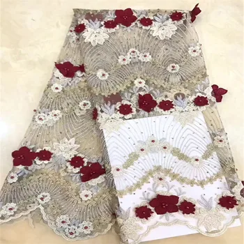 

Embroidered Nigeria African Beaded Fabric French 3d Wine Flowers Dress Net Lace Africa Lace High Quality Lace with Stones X1461