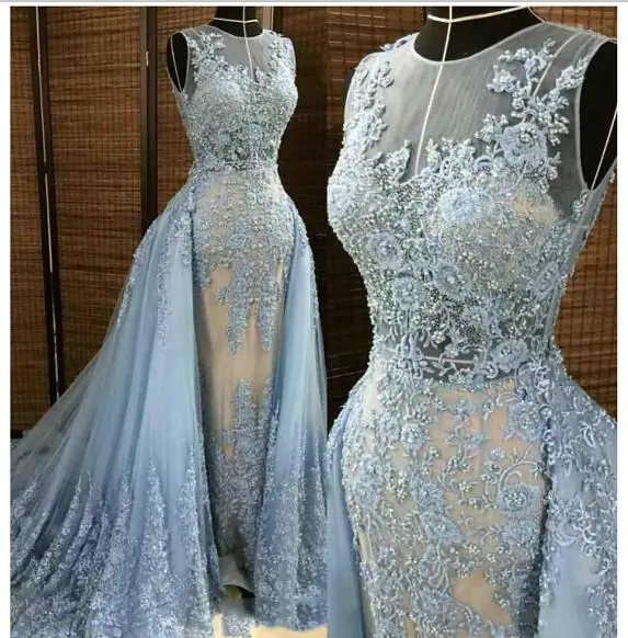 Robe De Soiree Роскошные вечерние платья русалки со съемным шлейфом, украшенные бисером, кружевные аппликации, небесно-Голубые Вечерние платья Abiye Abendkleider - Цвет: Небесно-голубой
