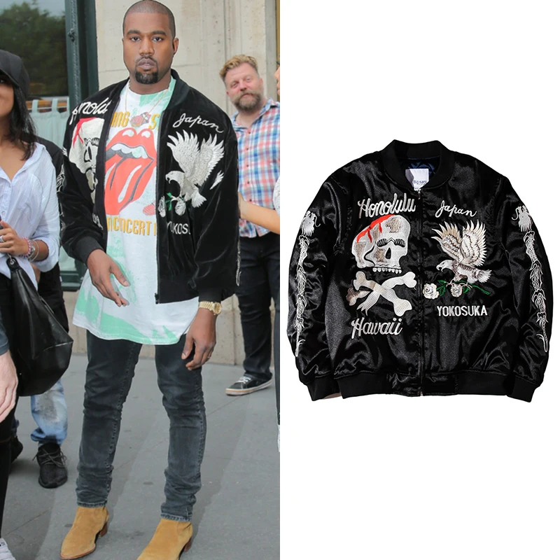 Kanye West Zwart Borduurwerk Jas Mannen Vintage Schedel Bloemen Heren Jassen Japanse Streetwear Hip Hop Bomber Jassen