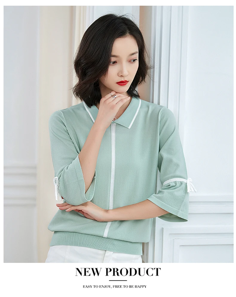 XJXKS New Summer Top Ulzzang Turn-down Collar 7/10 Sleeve Women Tops Casual Women New Thin Linen Knitted T-Shirts