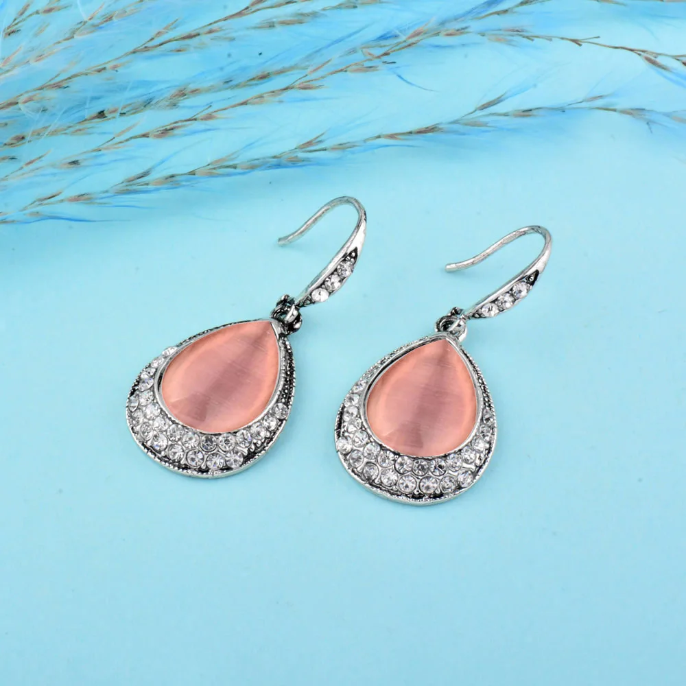 SINLEERY Vintage Water Drop Opal Stone Dangle Drop Earrings for Women Antique Silver Color Jewelry Accessories ES527