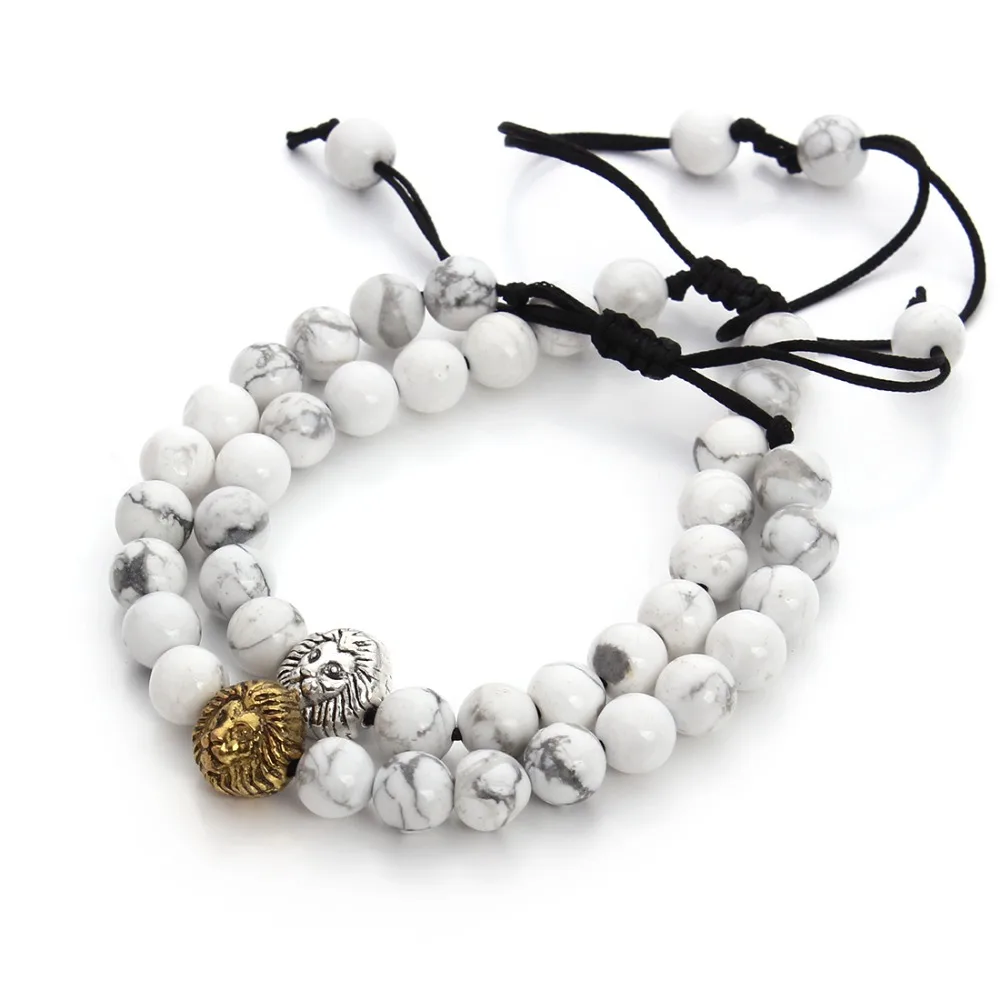 

8mm Natural Stone Beaded Bracelet Bangle White Howlite Gold Lion Head Adjustable Woven Rope Chain Bracelet Fashion Jewelry
