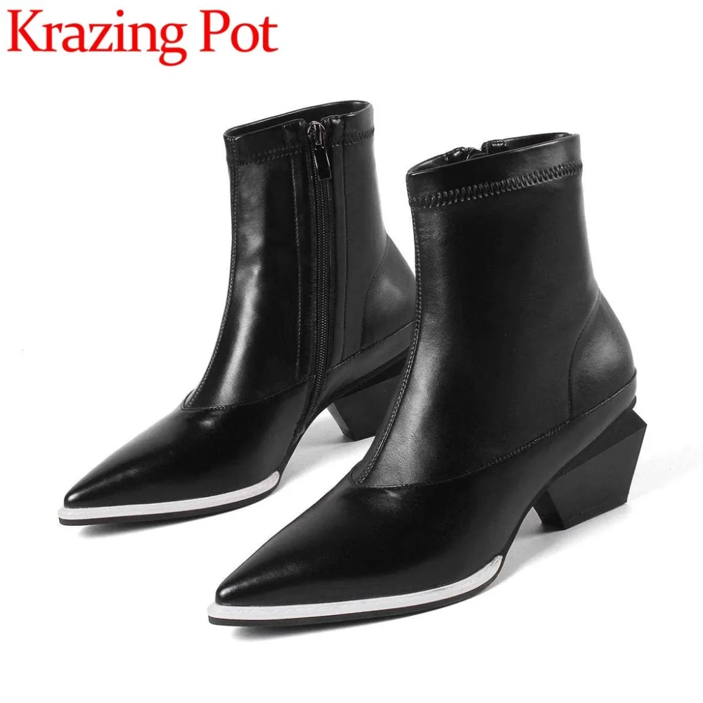 

Oxford natural leather zipper strange high heels pointed toe vintage design platform british style woman runway ankle boots L80