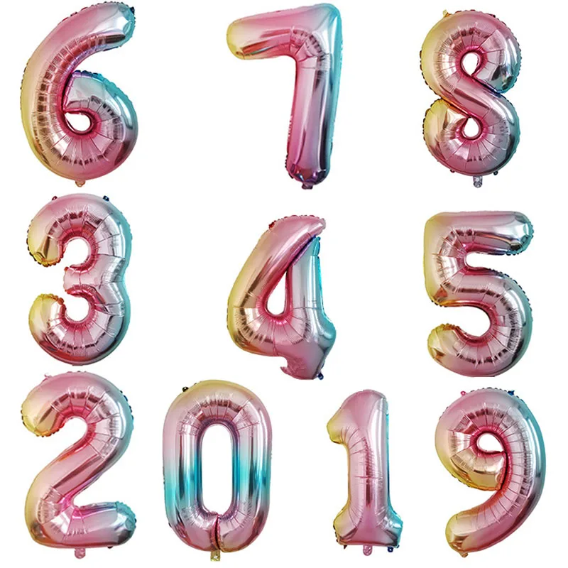 

32inch Iridescent Rainbow Color Number Foil Balloons Birthday Wedding Party Decoration Digital Balloon Number Air Ballon Globos