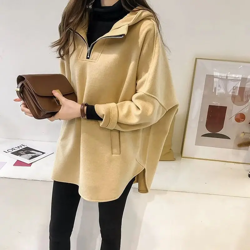 

Hooded long-sleeved yellow material in the long female loose head clothes