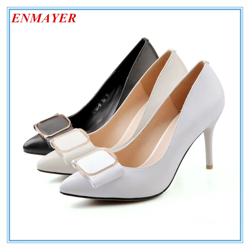 

ENMAYER women pumps Platform pumps  white beige Pointed Toe Thin Heels shoes Full Grain Leather new 2015 black pumps
