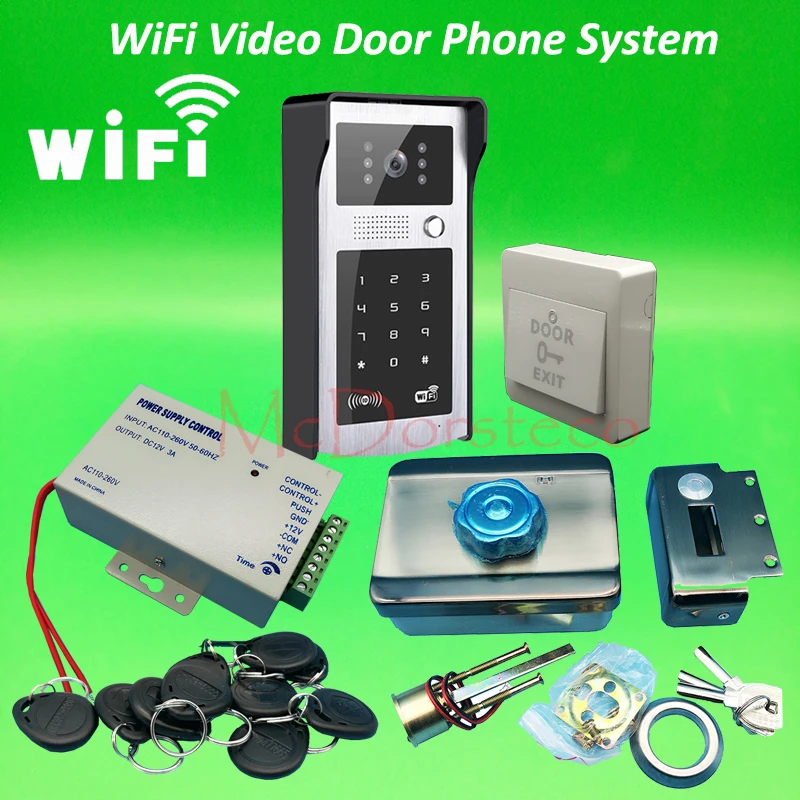 

Android ISO App WIFI Video Door Phone RFID & Code Keypad Doorbell Kit Mute Electric Rim Lock System + 12V3A Power Unit