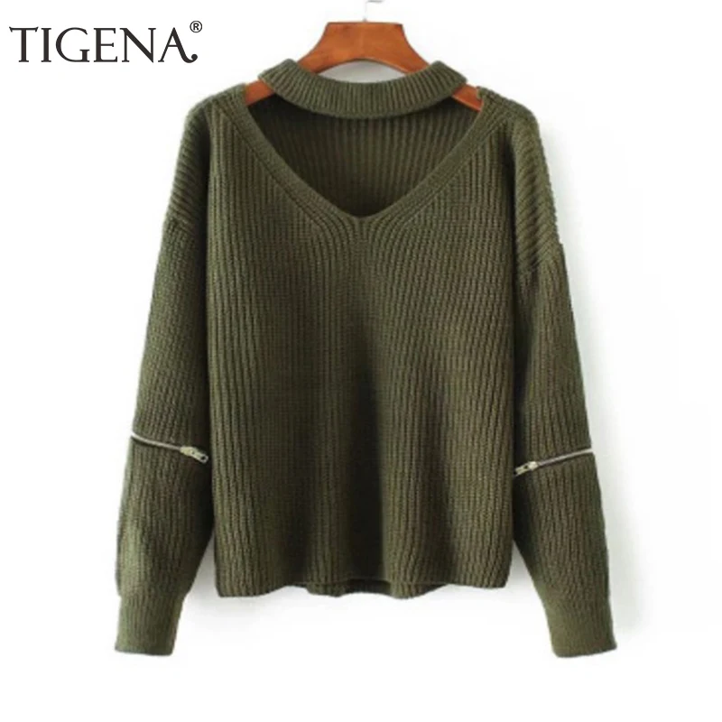 TIGENA Halter V Neck Loose Pullover Sweater Women 2019 Autumn Winter Zipper Long Sleeve Knit Tops Female Jumper Ladies | Женская одежда