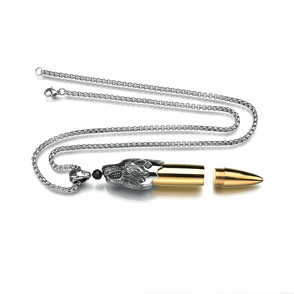 YANGQI Stainless Steel Wolf Head Bullet Pendant Necklace Silver Chain Openable Animal Souvenir Bullet Pendant Statement Jewelry