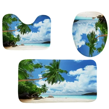 

4Pcs Home Bathroom Decor Set Beach Cornerpattern Toilet Seat Cover Bath Mat Set+Waterproof Shower Curtain