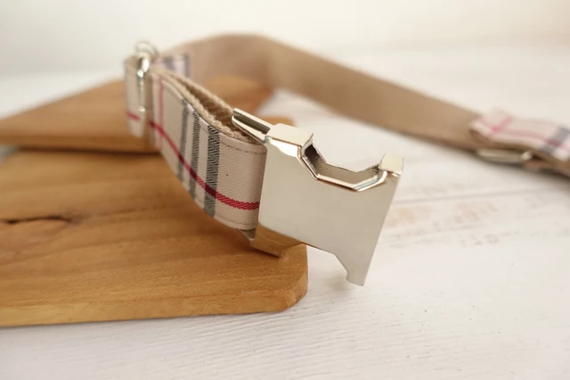 Unique Personalized Pet ID Collar Fancy Dog Collar with Silver Metal Buckle Small Medium Large Dog Breed THE KHAKI PLAID Style