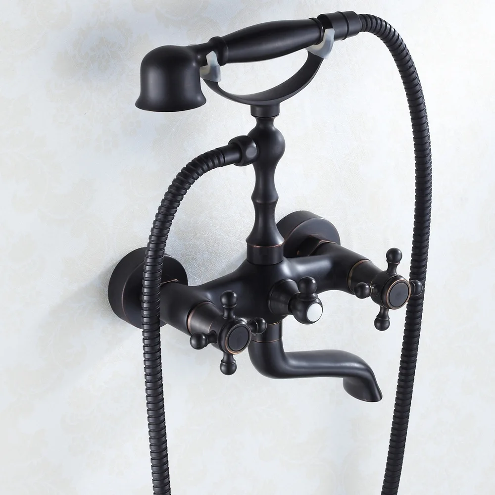 Copper bathroom shower faucet black three-piece bronze triple bathtub faucet with hand shower spray hot and cold