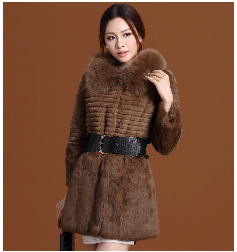 LOVELY JINNUO Genuine Rabbit Fur Coat With Fox Fur Collar Women Long