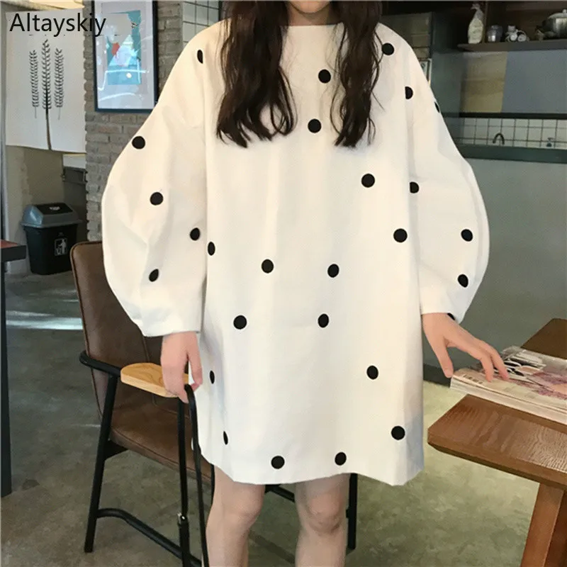

Hoodies Women O-Neck Long Sweatshirts Elegant Puff Sleeves Polka Dots Printed Simple All-match Pullovers Womens Kawaii Loose