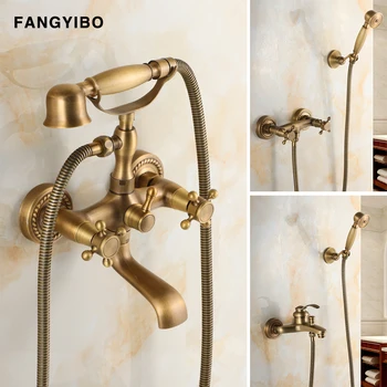 

Antique brass wall-mounted telephone European bathtub faucet shower set faucet with hand-held shower shower hot and cold water