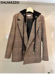 Женское винтажное клетчатое Полосатое пальто с капюшоном 2018 осень-зима дизайн женское с длинным рукавом двубортное Свободное пальто Femme