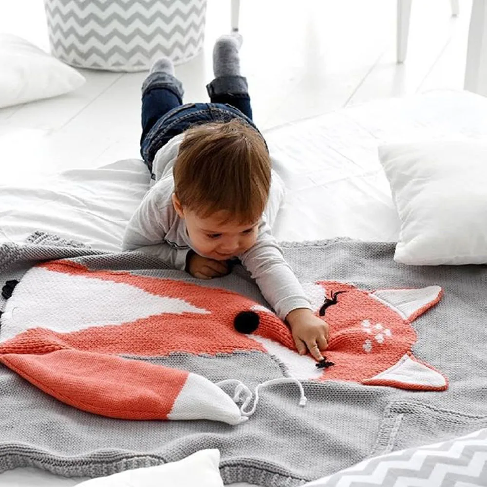 75x105 см детское вязаное одеяло с лисой, постельные принадлежности, одеяло для игр, детское одеяло с изображением животных, покрывало для кроватки