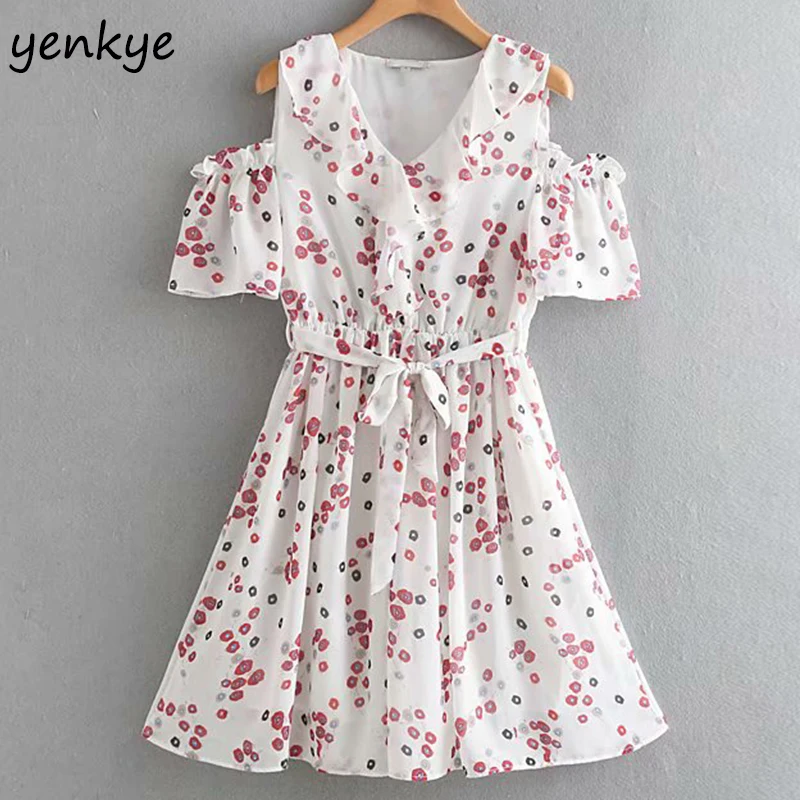

Sweet Women Sexy Shoulder Off Floral Print Dress Elegant Lady Ruffle V Neck Short Sleeve Sashes A-line Summer Chiffon Dress