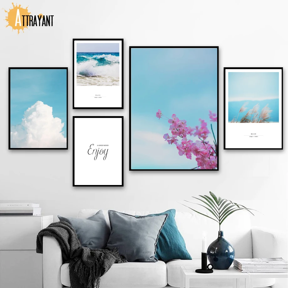 

Reed Blue Sky Cloud Sea Pink Flower Quotes Wall Art Canvas Painting Nordic Posters And Prints Wall Pictures For Living Room