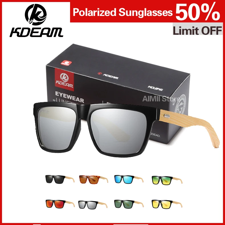 

Flat Top Bamboo Sunglasses Men Square Polarized Eyewear UV400 Protection 8 Colors Women Goggle Night Vision Glasses KDEAM KD8802
