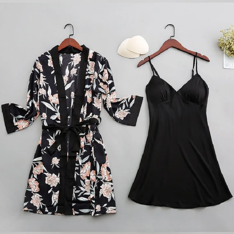 

Women Sexy Sleepwear Lace Slik Satin Sleep Lounge Pajamas Nightgown Pyjamas Femme with Chest Pads Homewear Kimono Dress Robes