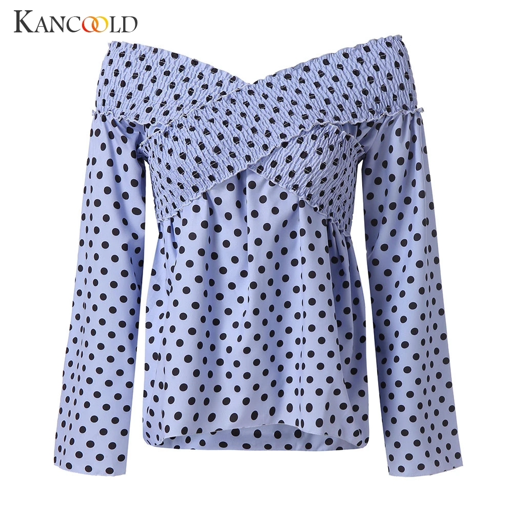 

KANCOOLD top T-Shirt Women Sexy V-neck Off Shoulder Dot Printed T-Shirt Ruffled Ruched Loose fashion new top femme 2018dec27