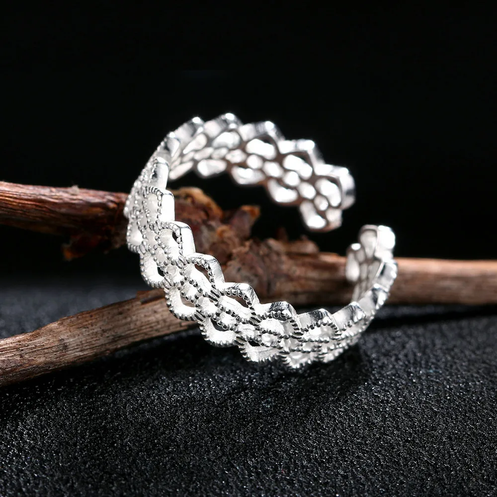 Double Fair Creative Lace Heart Design 100% 925 Sterling Silver Rings S925 Adjustable Open Ring For Women Party Gift DFRY025