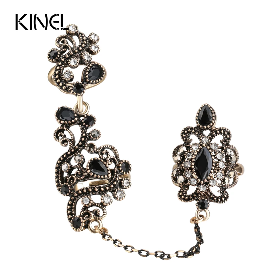 

New Arrival Adjustable Turkish Two Finger Rings For Party Women Black Resin Hollow Out Flower Design Vintage Ring Anel Jewelry