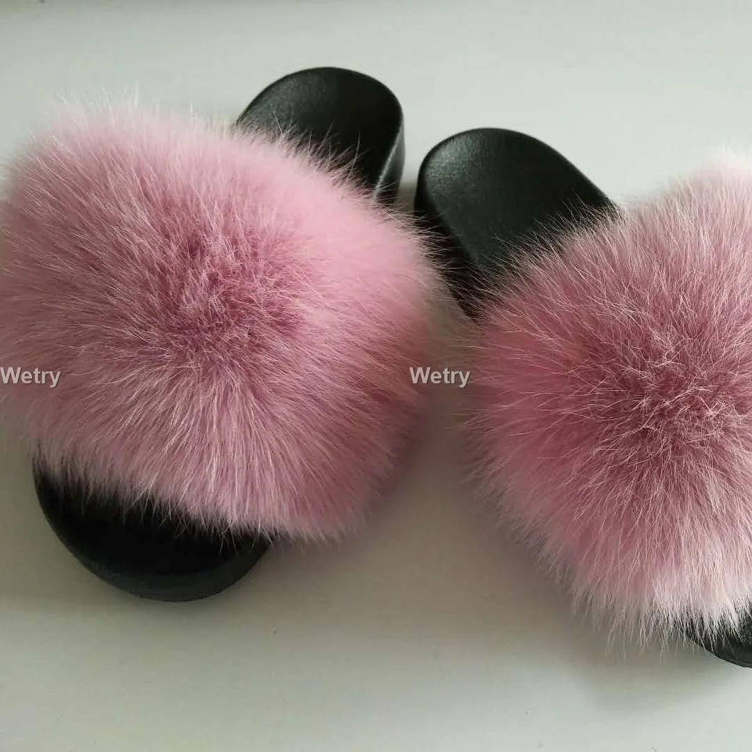Меховые тапочки; женские шлепанцы с натуральным лисьим мехом; Домашние меховые плоские сандалии женские милые пушистые домашние туфли; Роскошная Брендовая женская обувь; коллекция года - Цвет: fox fur Rubber Pink