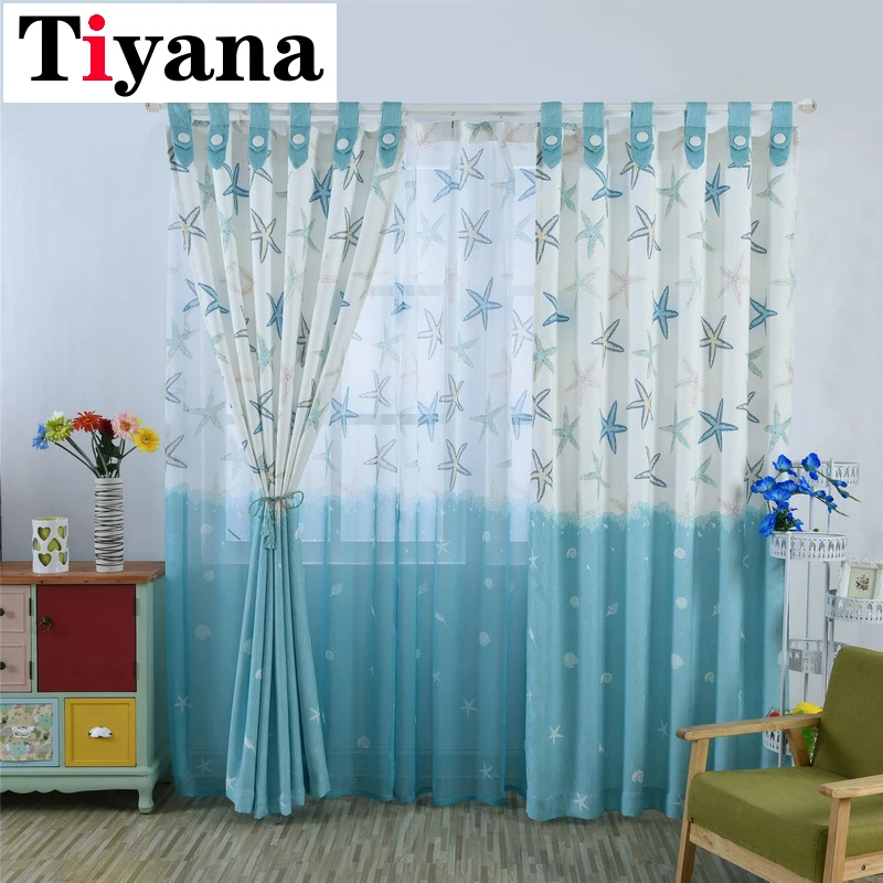 

Korean Style Blue Starfish Curtains for Kids Living Room Bedroom Tab Top Purple Reed Printed Cotton Linen Sling Curtains H36D3