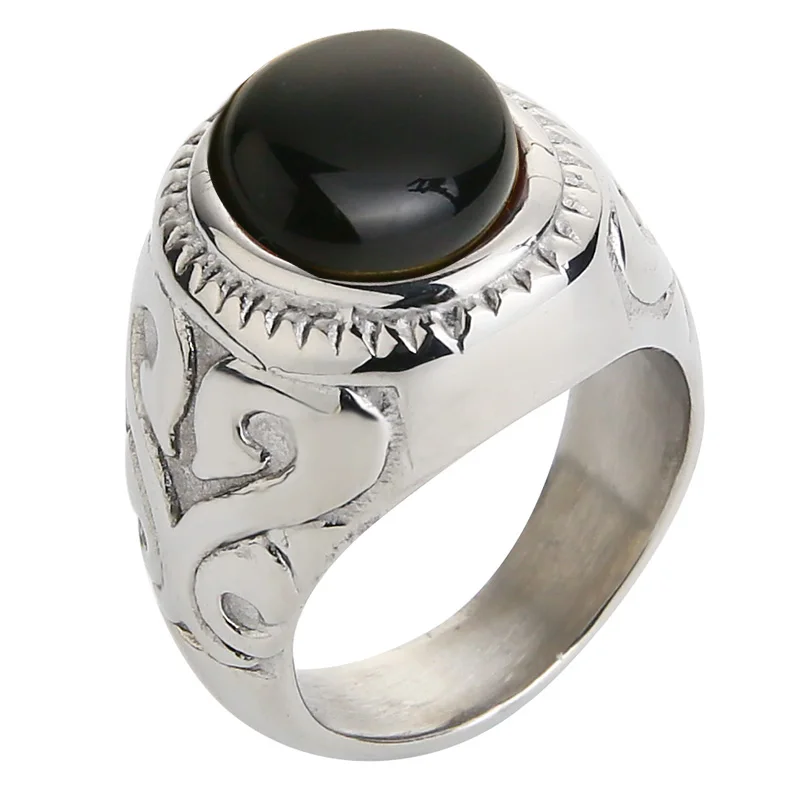 Ювелирные изделия Valily, мужское кольцо, золотое, тигровый глаз, кольца из нержавеющей стали, цветок, камень, обручальное кольцо, кольца для женщин, классические ювелирные изделия bague - Цвет основного камня: Silver Black agate