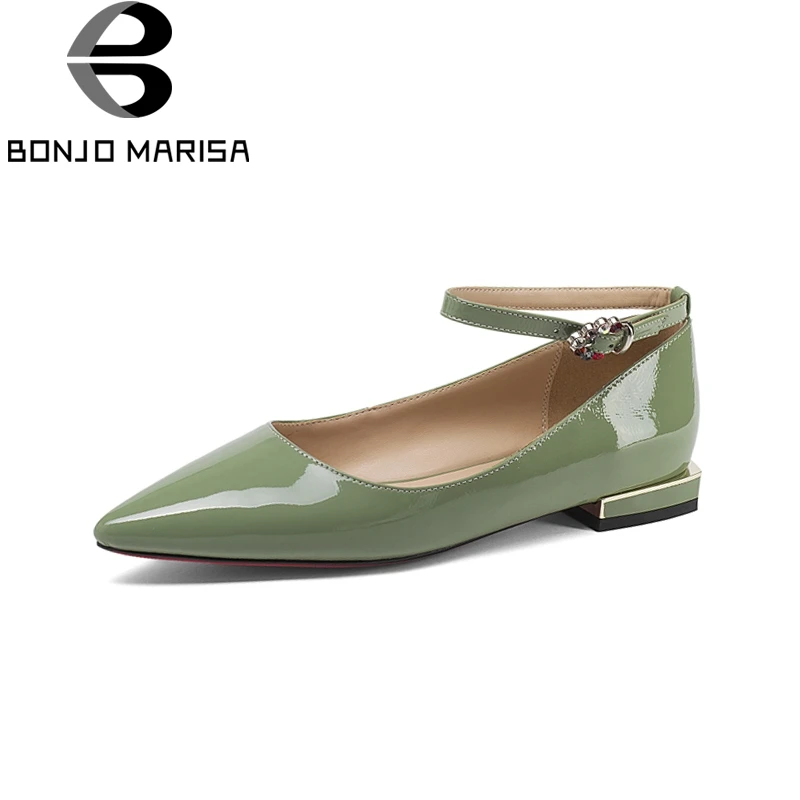 

BONJOMARISA Brand New Genuine Leather Ankle Strap Pointed Toe Solid Shallow Shoes Woman Casual Spring Flats Big Size 33-43
