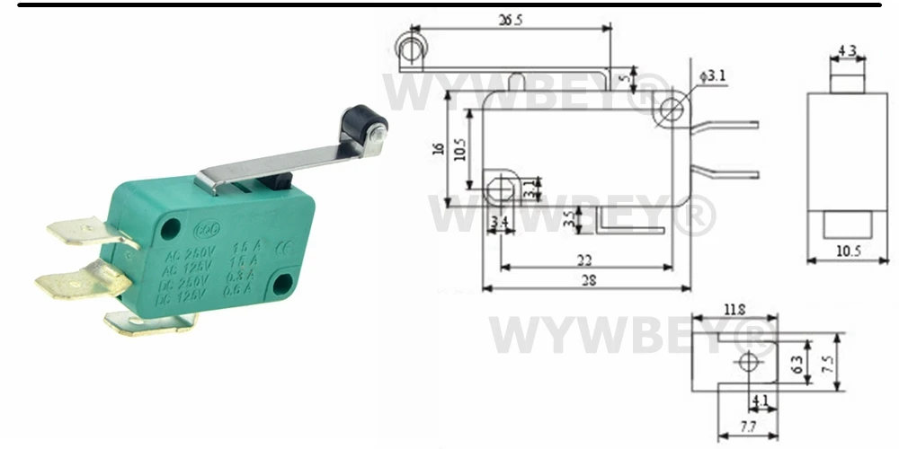 Микро концевые переключатели 16A 250V 125V NO+ NC+ COM 6,3mm 3 штифта SPDT микро переключатель 28 мм 52 мм дуговой роликовый рычаг сенсорный переключатель микропереключатель