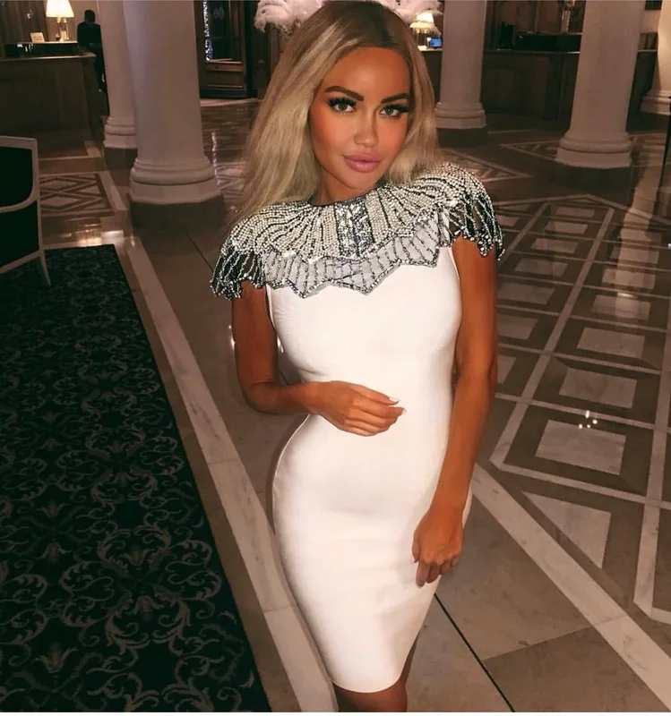 

5 Colors High Quality White Red Black Crystal Sexy Rayon Bandage Dress Homecoming Party Bodycon Pencil Dress