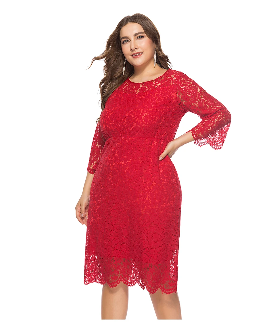 Miaoke размера плюс Красное миди кружевное платье Женская одежда Высокое Качество Модные Винтажные сексуальные Клубные вечерние элегантные платья 4XL 5XL 6X
