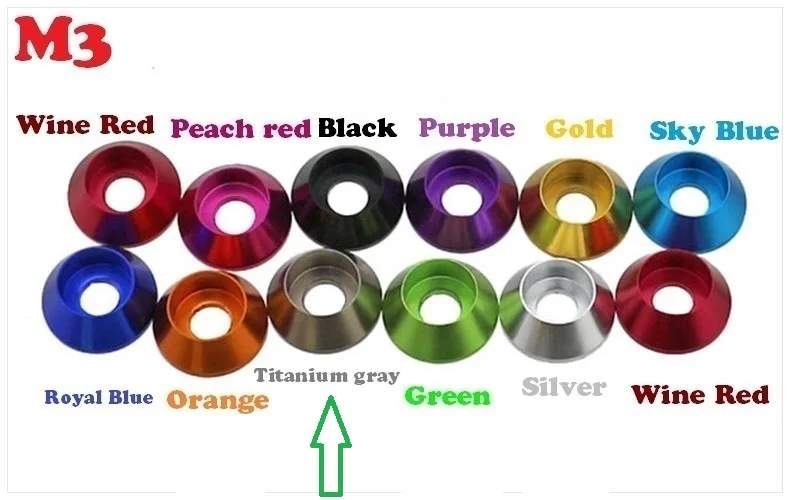 50PCS M3 Colourful Anodized Silver/Black/DeepBLue/LightBlue/Gold/Red/Purple/Green Aluminum Alloy Cone Cup Head Washer Gaskets |