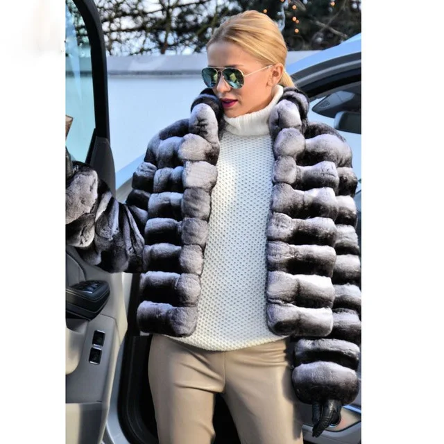 Пальто из натурального меха, роскошное пальто из кролика Рекс, модное тонкое теплое пальто из натурального меха для женщин, Зимняя распродажа, Шиншилла, пальто с капюшоном с мехом - Цвет: Hood    55cm