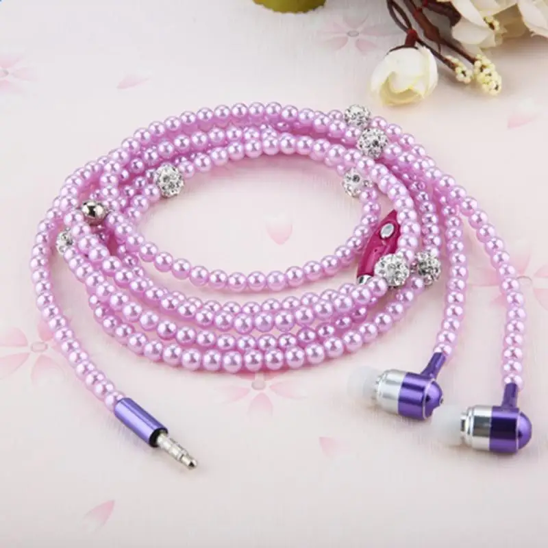 

Rhinestone Jewelry pearl Necklace Earphones with Mic Beads 3.5mm In-ear Hi-Fi Wired Headphone For Xiaomi for iPhone for samsung