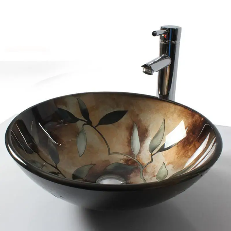 Bathroom Glass Vessel Sink round with leaf pattern+ Chrome Faucet
