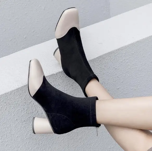 

New Mixed Color Ankle Boots Woman in Square toe Flock Leather Zipper Shoes For Summer High Hoof Heels Casual Lady Shoe